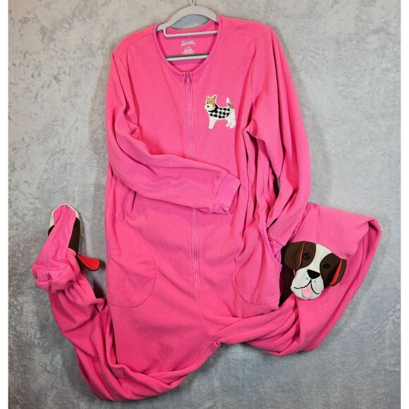 Nick & Nora Pink Dog Fleece Dog on Feet One Piece Pajamas Womens L Warm pockets - Picture 1 of 15